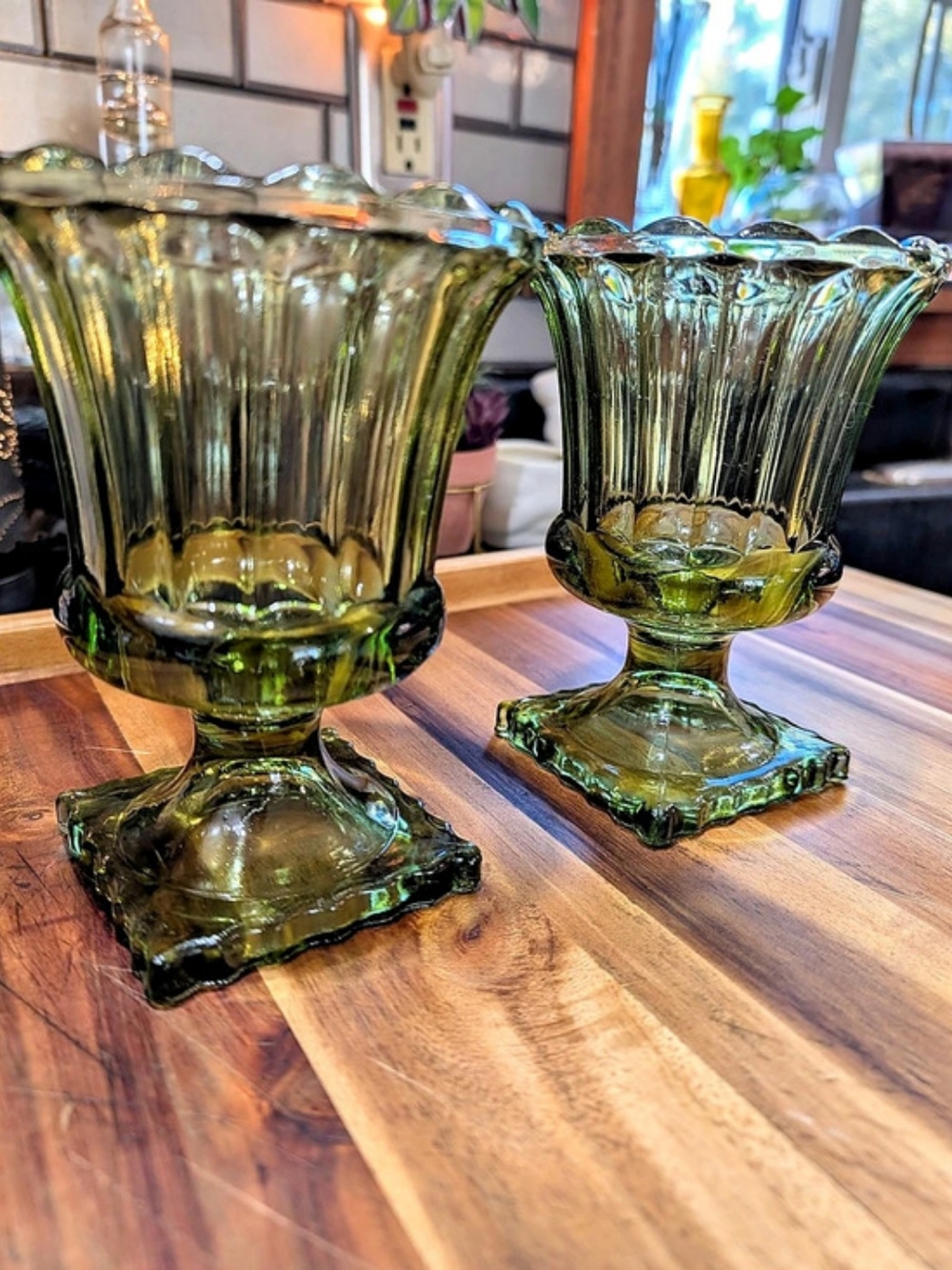 vintage mid-century modern avocado green pressed glass pedestal vases/ Set Of 23